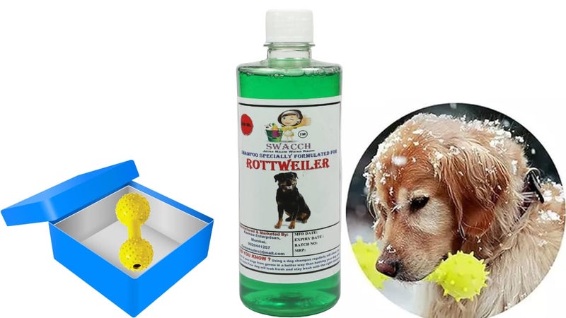 swacch Rottweiler Dog Shampoo + Dumbbell Toy I Durable Rubber Dog Toy for Chewing I Playing,Teeth Cleaning & Training Toy I Combo Pack I 500ml Neem Alovera - Image 1