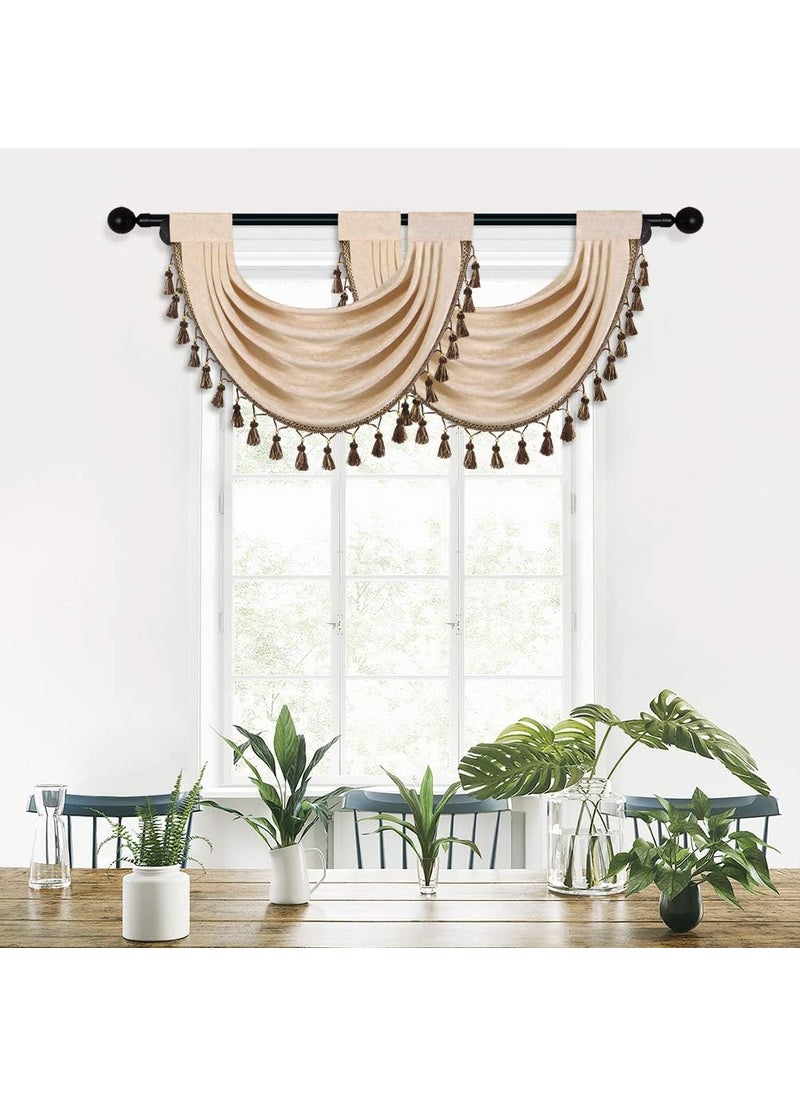 ELKCA ELKCA Thick Chenille Waterfall Swag Valances for Living Room Beige Valance Curtains for KitchenPack of 2 Beige 30 W x 22 L  - Image 1