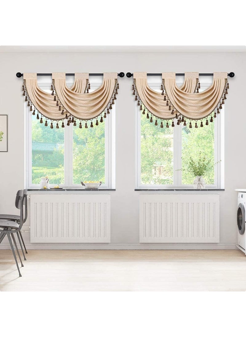 ELKCA ELKCA Thick Chenille Waterfall Swag Valances for Living Room Beige Valance Curtains for KitchenPack of 2 Beige 30 W x 22 L  - Image 2