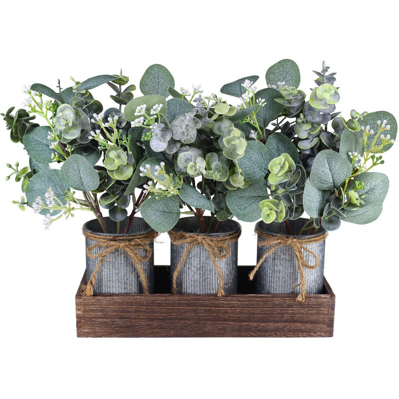 Winlyn Set of 3 Farmhouse Galvanized Metal Pots Centerpiece Artificial Silver Dollar Eucalyptus Greenery Arrangement with Rectangle Wood Box for Table Desk Shelf Mantel Home Kitchen Indoor Decoration Gifts - Image 1