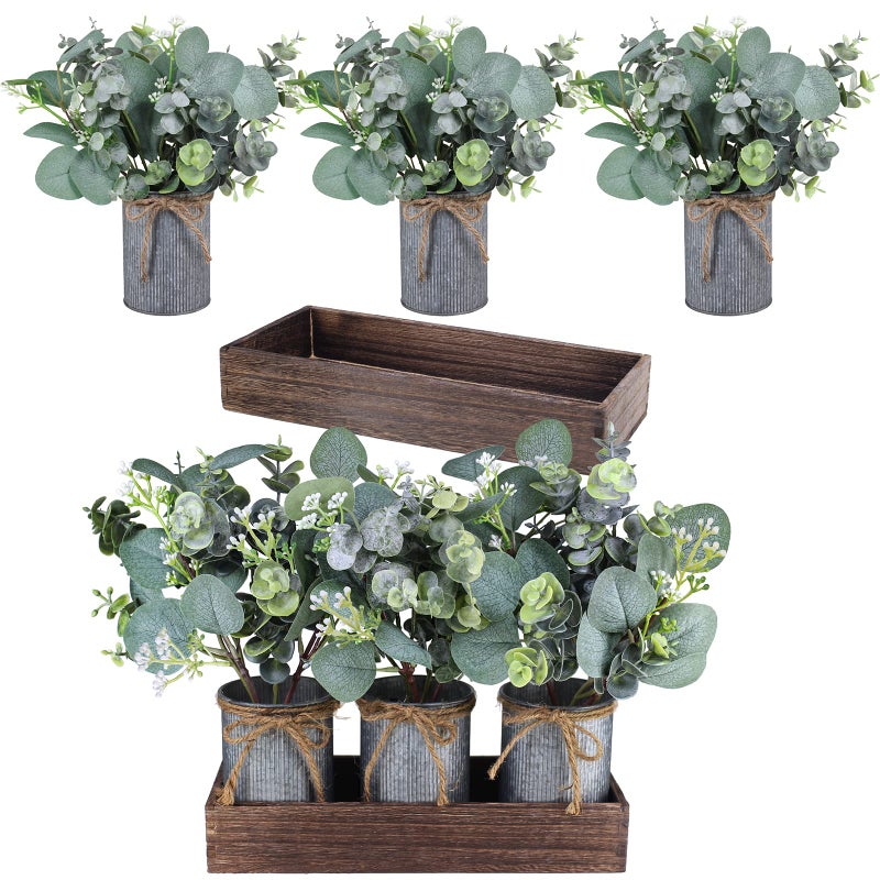 Winlyn Set of 3 Farmhouse Galvanized Metal Pots Centerpiece Artificial Silver Dollar Eucalyptus Greenery Arrangement with Rectangle Wood Box for Table Desk Shelf Mantel Home Kitchen Indoor Decoration Gifts - Image 2