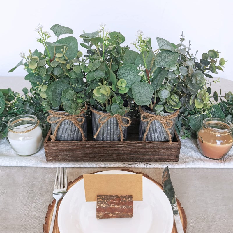 Winlyn Set of 3 Farmhouse Galvanized Metal Pots Centerpiece Artificial Silver Dollar Eucalyptus Greenery Arrangement with Rectangle Wood Box for Table Desk Shelf Mantel Home Kitchen Indoor Decoration Gifts - Image 5