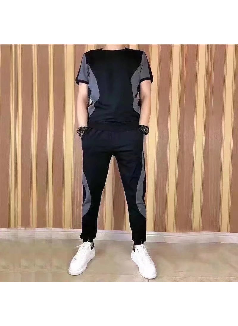 Generic Trendy Stretch Thin Sportswear Mens suit Ice Cool One-suit Mens All-match Classic Summer Cropped Pants Black  - Image 1