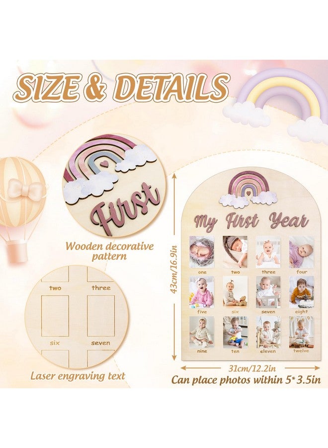 Whaline My First Year Baby Growth Photo Display Wood Board 12 Months Milestone Board Boho Rainbow Photo Frame Board for First Birthday Nursery Decor Baby Keepsake - Image 2