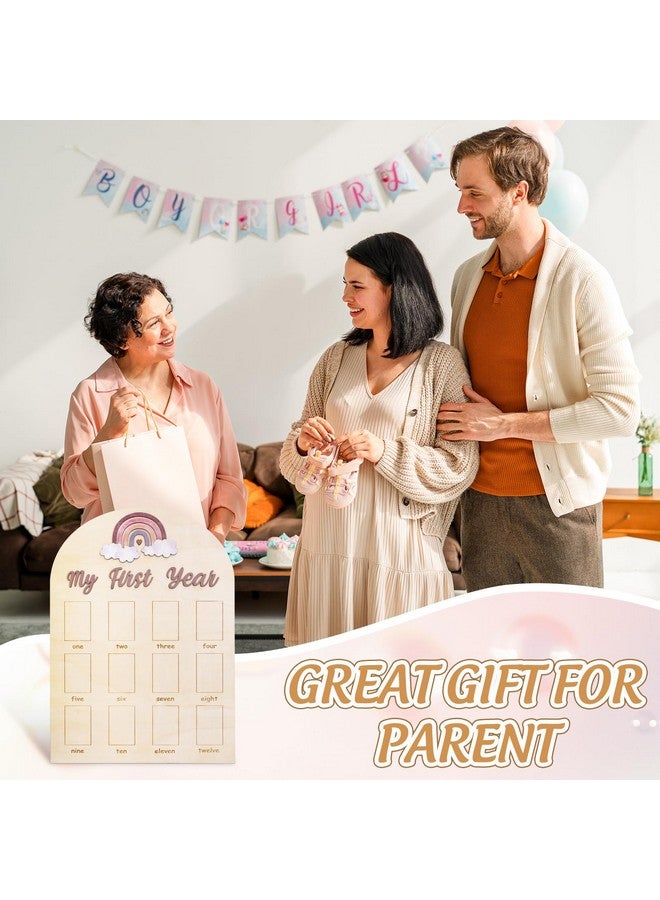 Whaline My First Year Baby Growth Photo Display Wood Board 12 Months Milestone Board Boho Rainbow Photo Frame Board for First Birthday Nursery Decor Baby Keepsake - Image 3