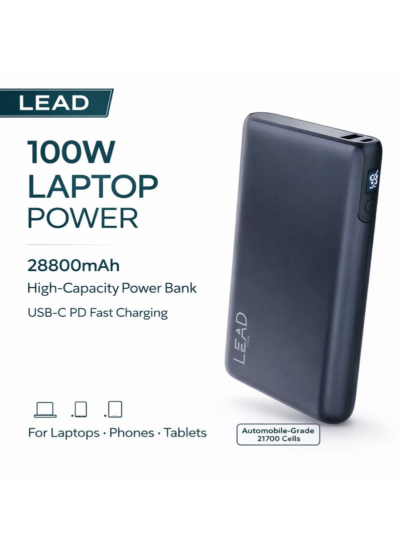 LEAD 100W Power Bank 28800mAh - Fast Charging Portable Laptop Charger, High-Capacity USB-C PD Fast Charger, Dual Type-C & USB-A Outputs, Power Bank for MacBook, Laptops & Smartphones – Gray - Image 1
