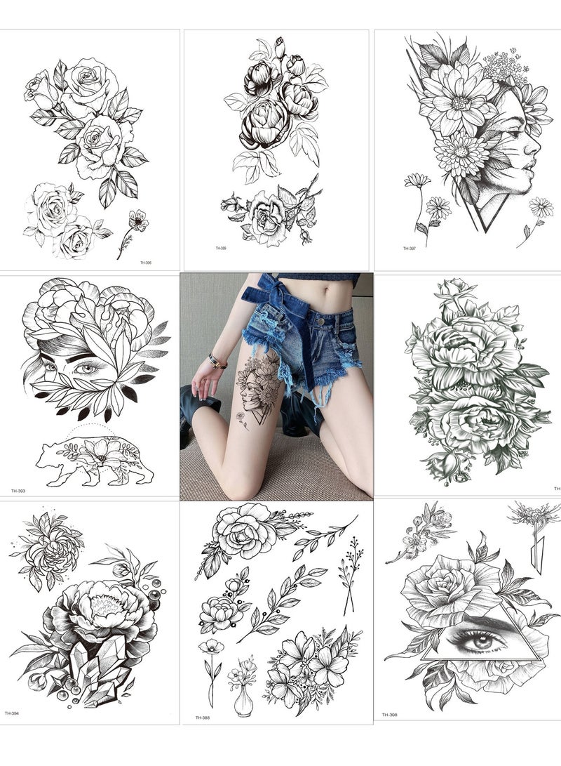 8 Sheets 3D Black Rose Flower Temporary Tattoos Realistic Large Peony Geometric Tattoo Stickers 