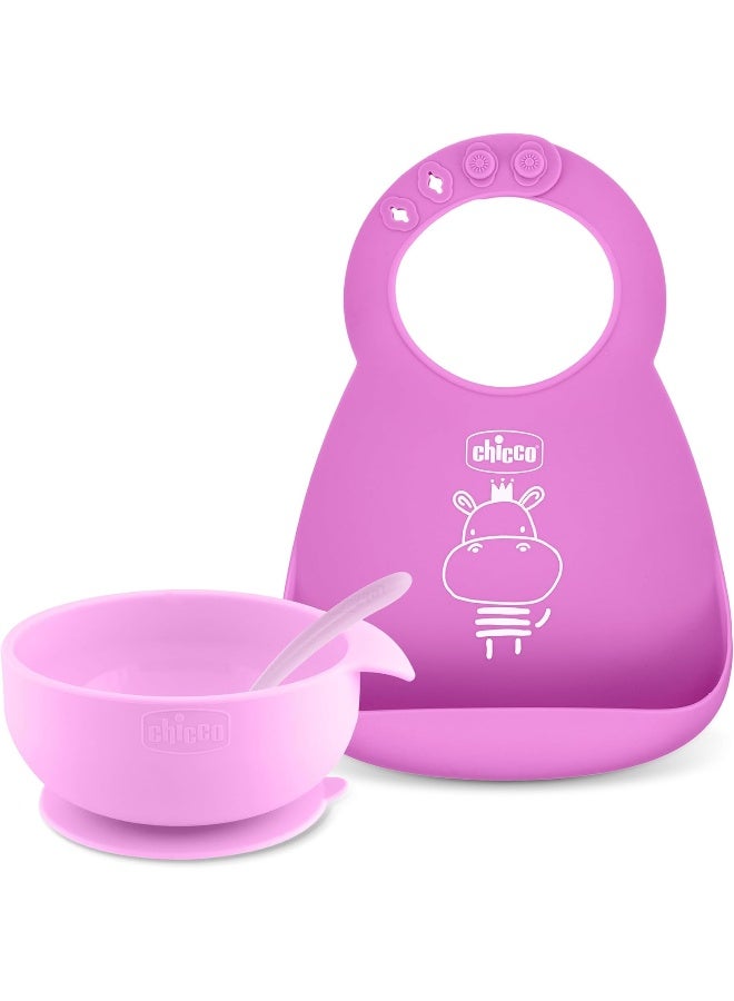 Chicco طقم تغذية سيكو إيزي ستارت من السيليكون | أطباق للتغذية الذاتية للأطفال | وعاء شفط | مريلة سيليكون قابلة للتعديل | ملعقة سيليكون ناعمة | خالية من BPA | طقم مكون من 3 قطع | وردي - Image 1