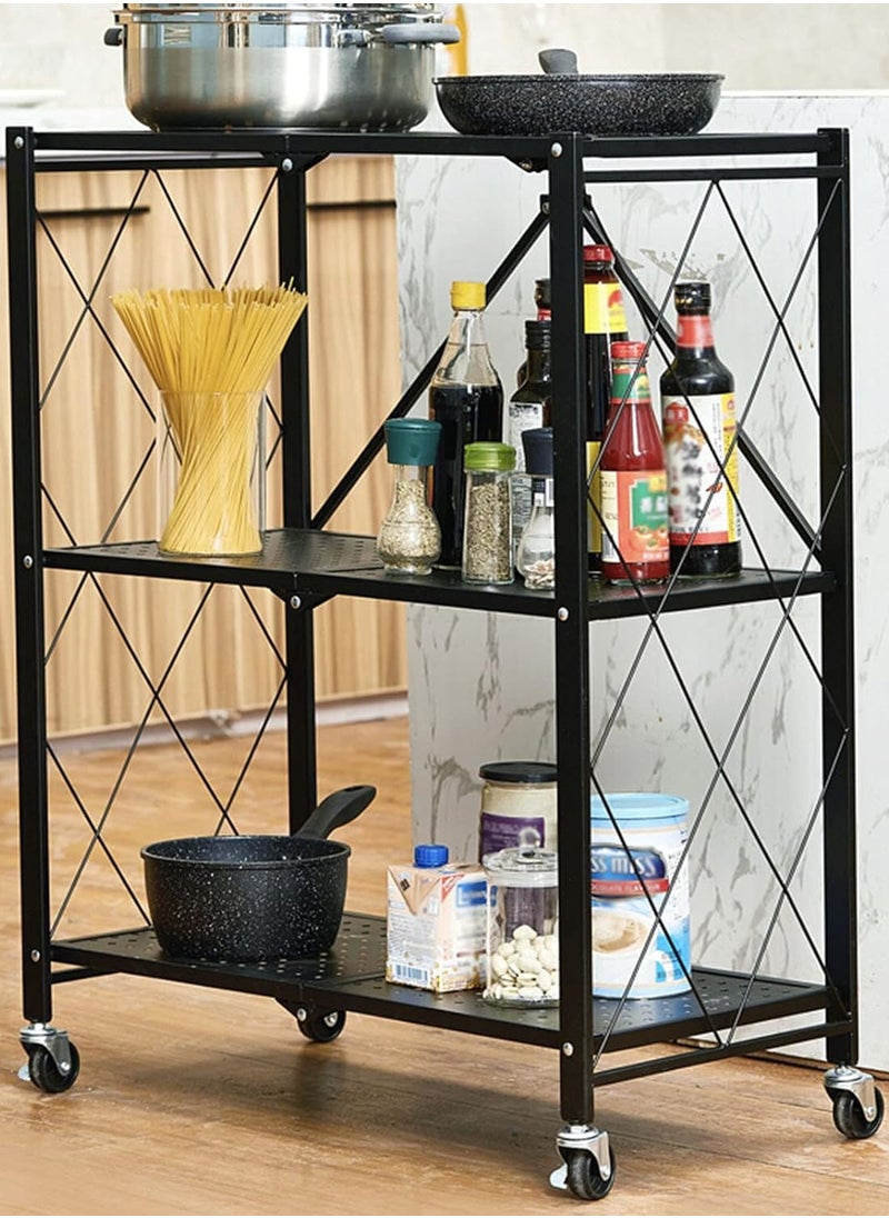 RollsTimi  3-Tier Foldable Standing Rack Black Storage Shelves with Wheels  - Image 1