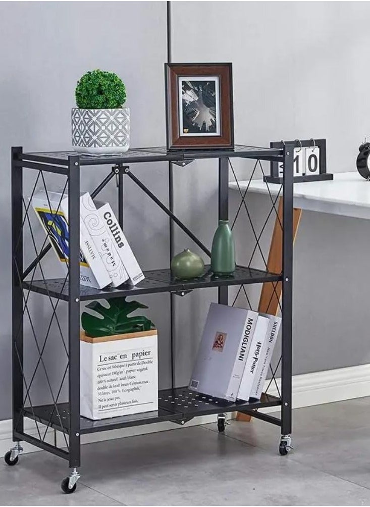 RollsTimi  3-Tier Foldable Standing Rack Black Storage Shelves with Wheels  - Image 5
