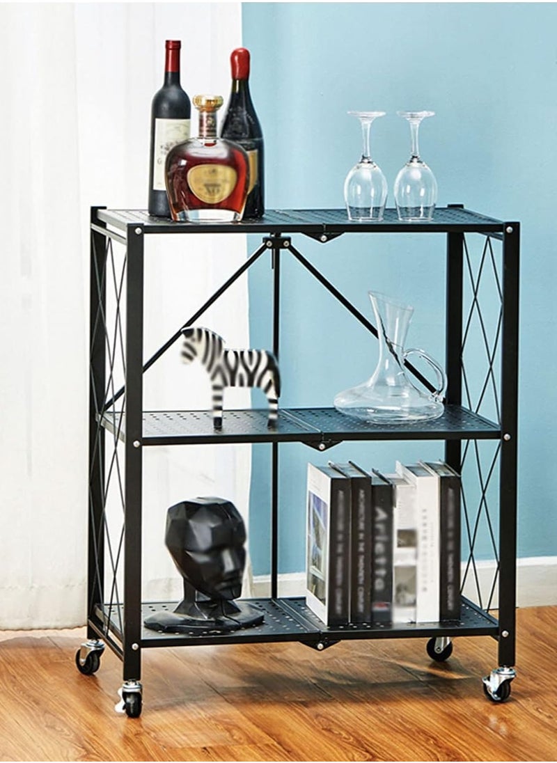 RollsTimi  3-Tier Foldable Standing Rack Black Storage Shelves with Wheels  - Image 4