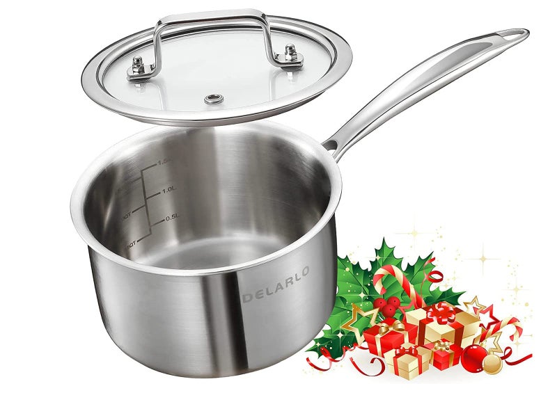 DELARLO Stainless Steel Small Brushed Saucepan With Lid Induction Cooking Sauce Pot Pans 188 TriPly Heavy Bottom Saucier Cookware Dishwasher Safe Oven Safe2 Quart