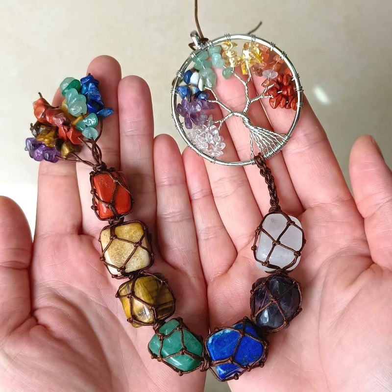weryerker Handmade Crystal Window Car Hanging Ornaments 7 Chakra Home Decoration Feng Shui Ornament Yoga Meditation Car Decoration Tumbled Palm Stones (7 Chakras Tree) - Image 3
