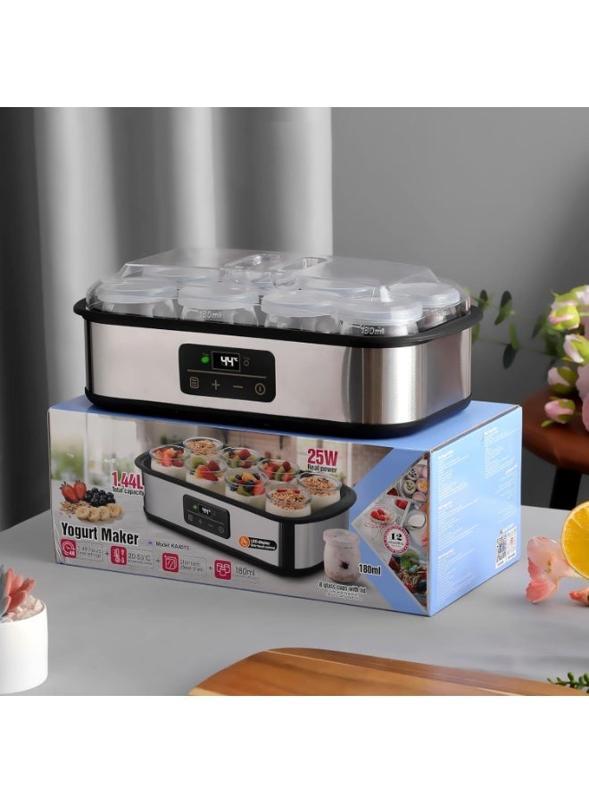 دي اس بي ماكينة صنع الزبادي الكهربائية 1.44 لتر – 8 أكواب زجاجية بغطاء – تحكم دقيق في درجة الحرارة من 20 إلى 53 درجة مئوية – شاشة LED رقمية – مؤقت من 1 إلى 48 ساعة – غلاف ستانلس ستيل أنيق – قدرة 25 واط - Image 2