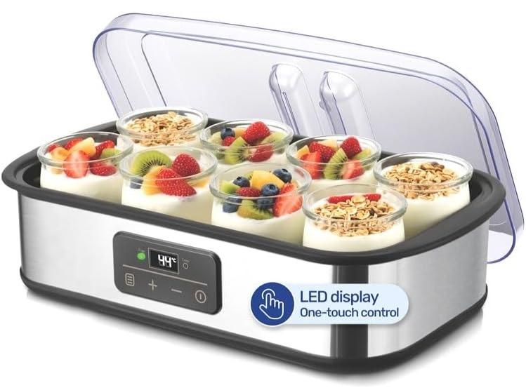 دي اس بي ماكينة صنع الزبادي الكهربائية 1.44 لتر – 8 أكواب زجاجية بغطاء – تحكم دقيق في درجة الحرارة من 20 إلى 53 درجة مئوية – شاشة LED رقمية – مؤقت من 1 إلى 48 ساعة – غلاف ستانلس ستيل أنيق – قدرة 25 واط - Image 1