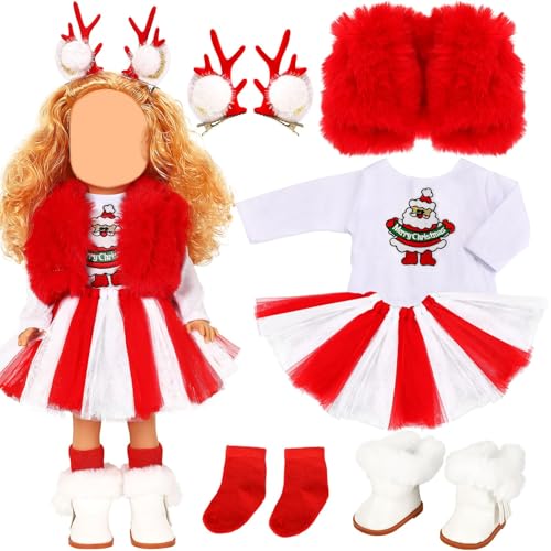 UPINS Christmas 18 Inches Doll Clothes and Accessories Winter Doll Outfits Set Christmas Deer Costume Includes Tutu Dress TShirt Shoes Hairpin Socks for 18 Inch Doll Girls Gifts - Image 1