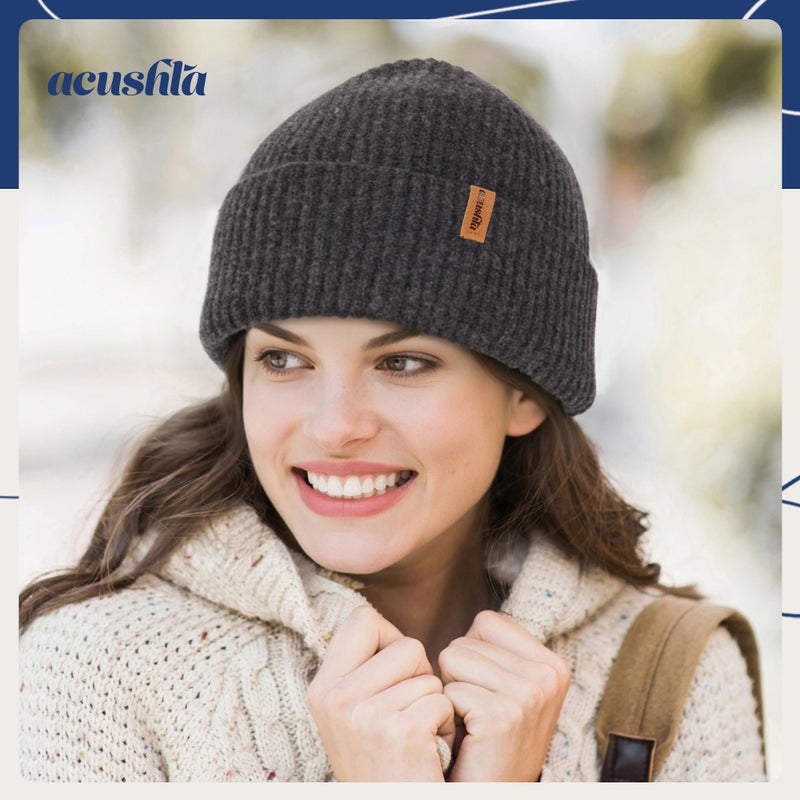 ACUSHLA 100% Merino Wool Cuff Beanie for Men & Women Loose Fit Knitted Winter Hat Unisex Watch Cap Skullie for Cold Weather, M-L Dark Grey - Image 2