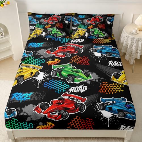 HOSIMA Childs Cartoon Racing Car Fitted Sheet for Boys Racecar Bed DecorColorful Car Pattern Black Toddler Bedding SetCool Extreme Sports Twin Fitted Sheet Teen Kids Room Decor - Image 3