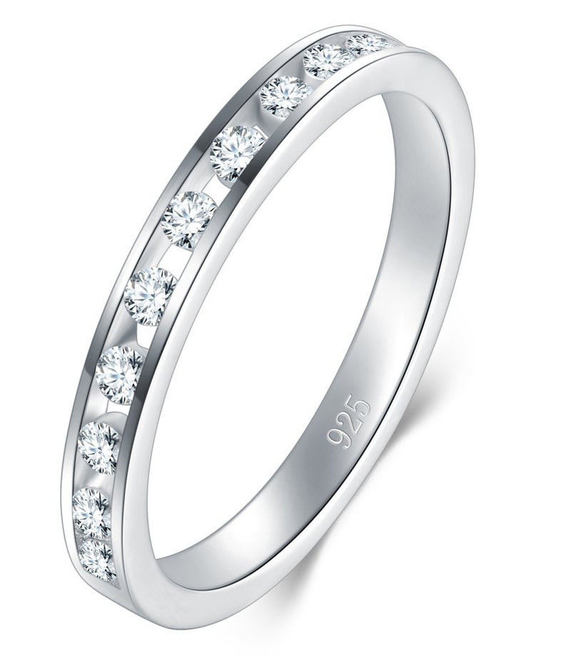 BORUO 925 Sterling Silver Cubic Zirconia Ring - Silver Eternity Band - Sterling Silver Rings For Women - Silver Wedding and Anniversary Band Women, 2mm Size 8 - Image 1