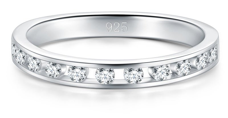 BORUO 925 Sterling Silver Cubic Zirconia Ring - Silver Eternity Band - Sterling Silver Rings For Women - Silver Wedding and Anniversary Band Women, 2mm Size 8 - Image 2