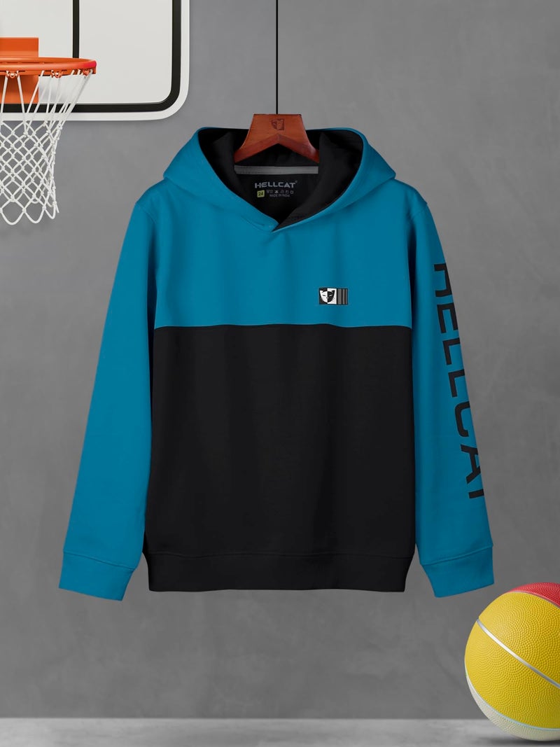 HELLCAT Color Blocked Cotton Blend Hoodie Sweatshirt for Boys Turquoise Blue 9-10 Years - Image 2