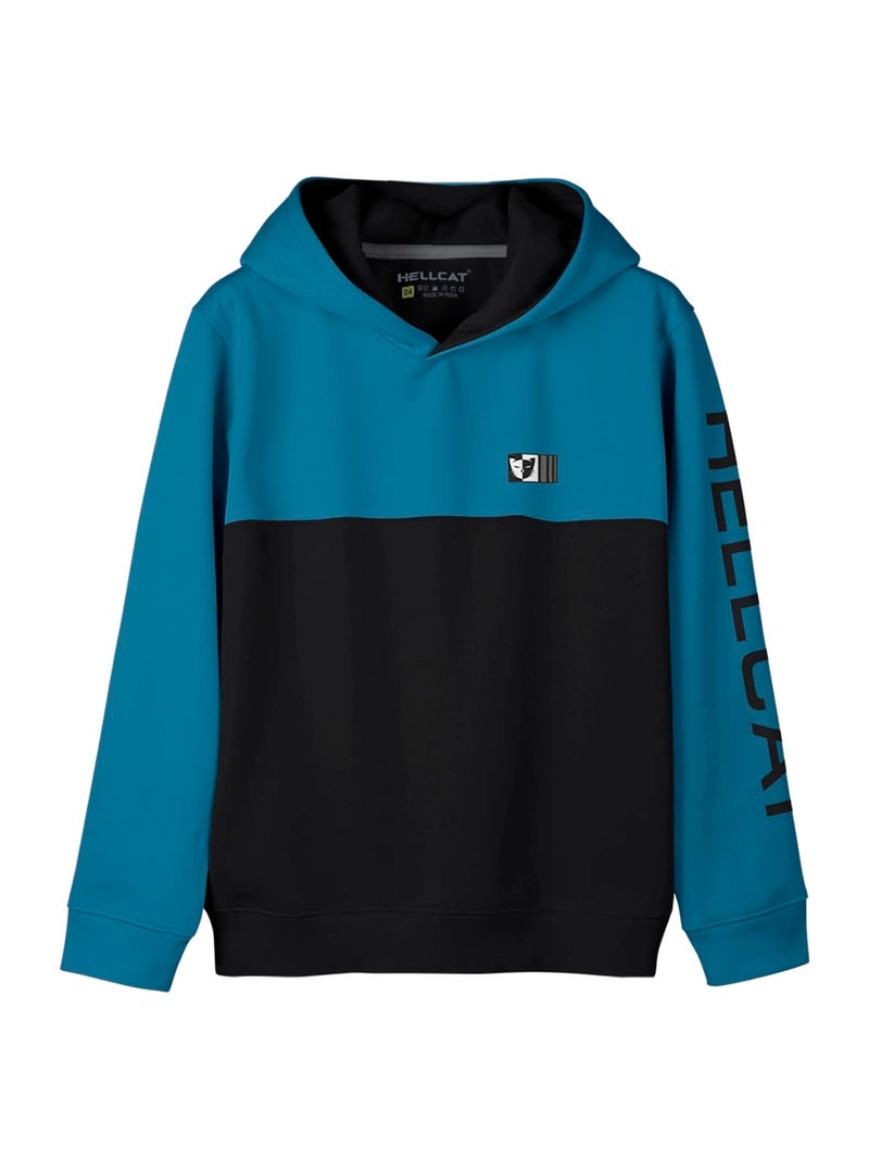 HELLCAT Color Blocked Cotton Blend Hoodie Sweatshirt for Boys Turquoise Blue 9-10 Years - Image 1