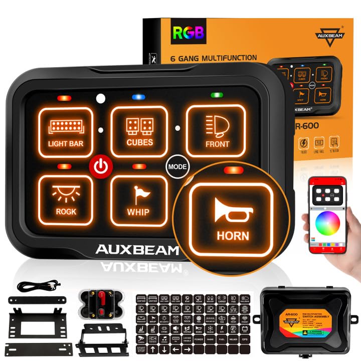 Auxbeam 6 Gang Switch Panel Bluetooth RGB AR600 with Toggle Momentary Pulsed Modes Multifunctional Switch pod with Manual and Automatic Backlit Control Boat Switch Panel for Truck Car ATV Waterproof