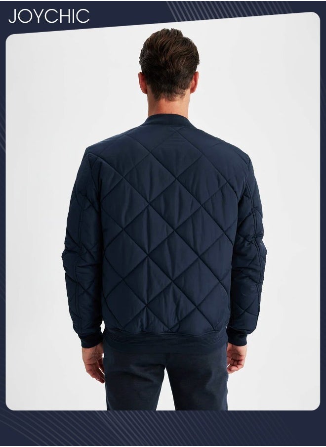 Joychic Autumn and Winter Men Korean Style Stand-up Collar Thermal Zipper Jacket Trendy Casual Cotton Warm Coat Outdoor Windproof Navy Blue  - Image 4