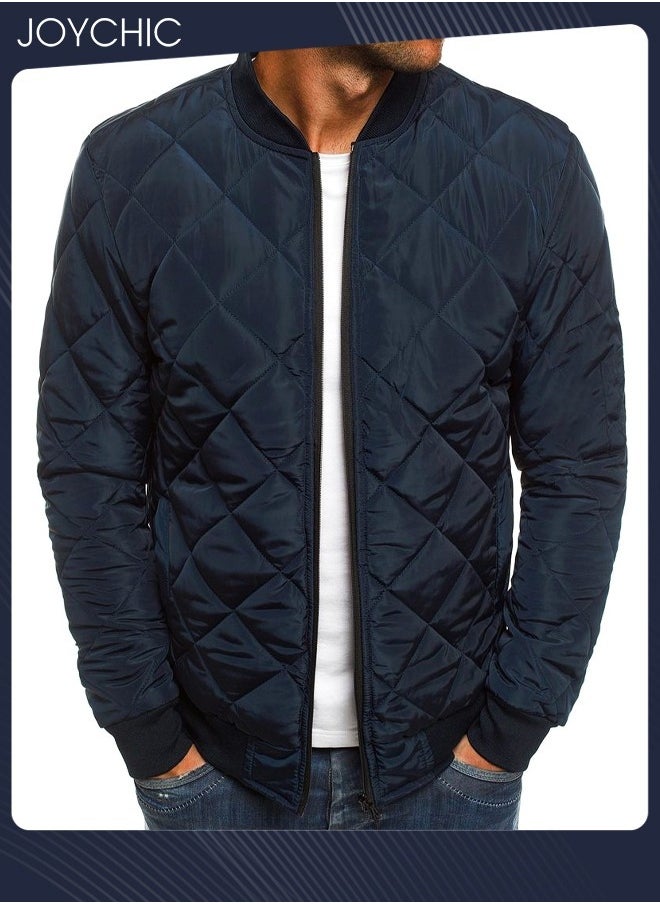 Joychic Autumn and Winter Men Korean Style Stand-up Collar Thermal Zipper Jacket Trendy Casual Cotton Warm Coat Outdoor Windproof Navy Blue  - Image 2