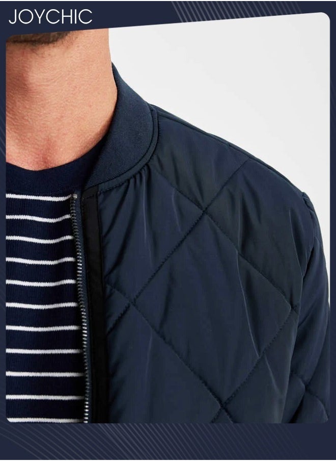 Joychic Autumn and Winter Men Korean Style Stand-up Collar Thermal Zipper Jacket Trendy Casual Cotton Warm Coat Outdoor Windproof Navy Blue  - Image 3