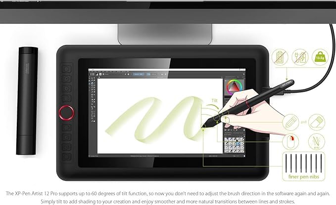 Xp-Pen Artist 12 Pro 12 Inch Drawing Monitor Pen Display Full-Laminated Graphics Drawing Tablet with Tilt Function Battery-Free Stylus and 8 Shortcut Keys, 8192 Levels Pen Pressure and 72% Ntsc-Black - Image 4
