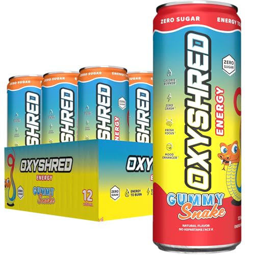 EHP Labs OxyShred Healthy Energy Drink - Zero Sugar Energy Drinks with Amino Acids, Green Tea Extract, Vitamin C & L Carnitine - Zero Carbs, Zero Calories, Clean Caffeine, Gummy Snake (12-Pack) - Image 1