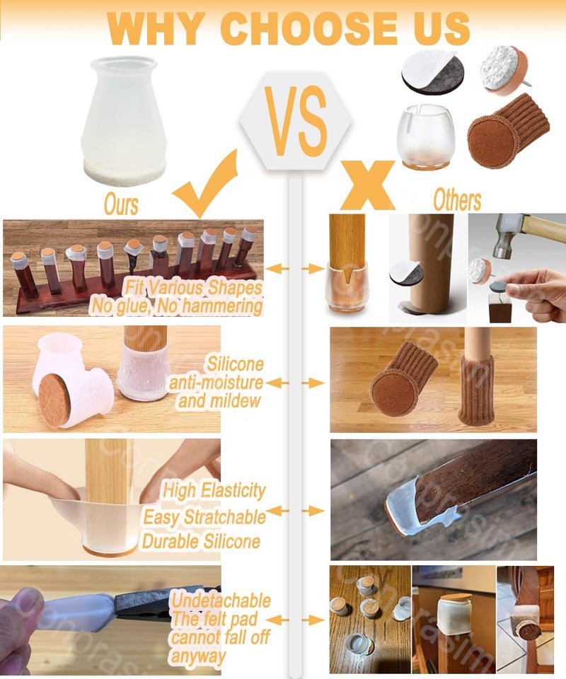 Conprasim Extra Small Silicone Chair Leg Floor Protectors with Felt, FIT 19/32” to 15/16” Glide Chair Leg Caps Silicon Furniture Leg Feet Cover Bottom Slide Protect Hardwood Floors No Scratches No Noise 24 Pack - Image 2