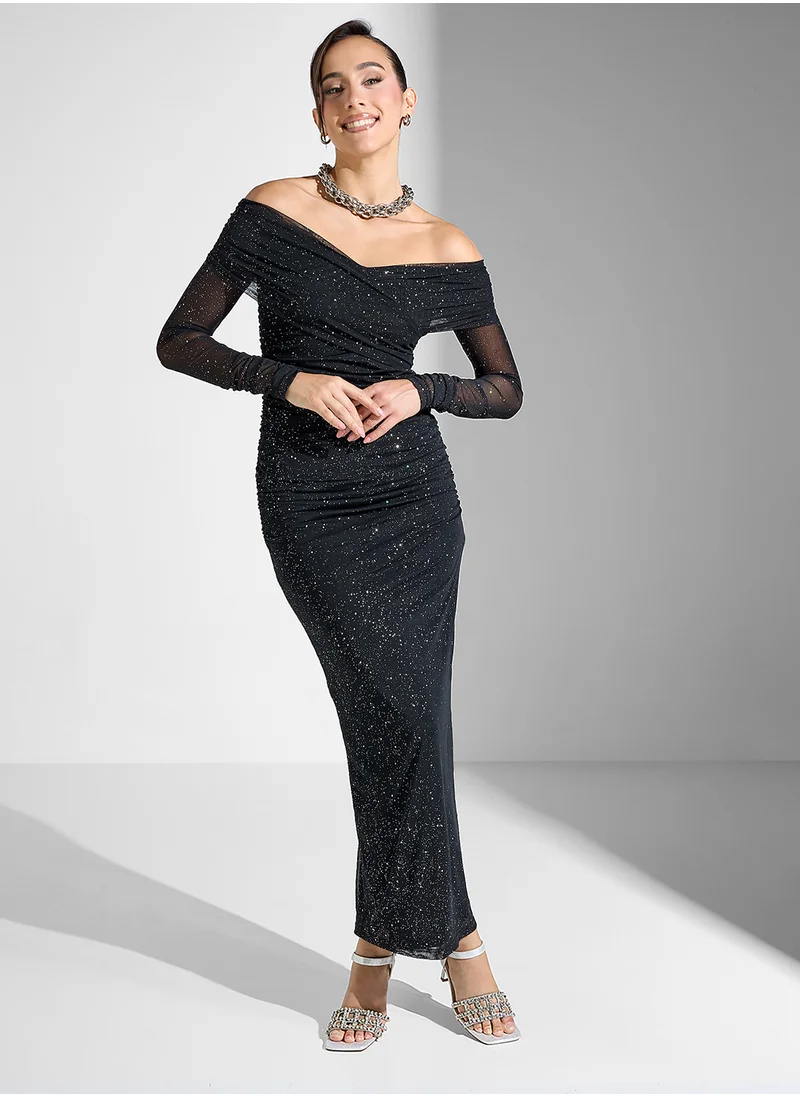 جينجر بوتيك Off Shoulder Shimmer Bodycon Evening Dress