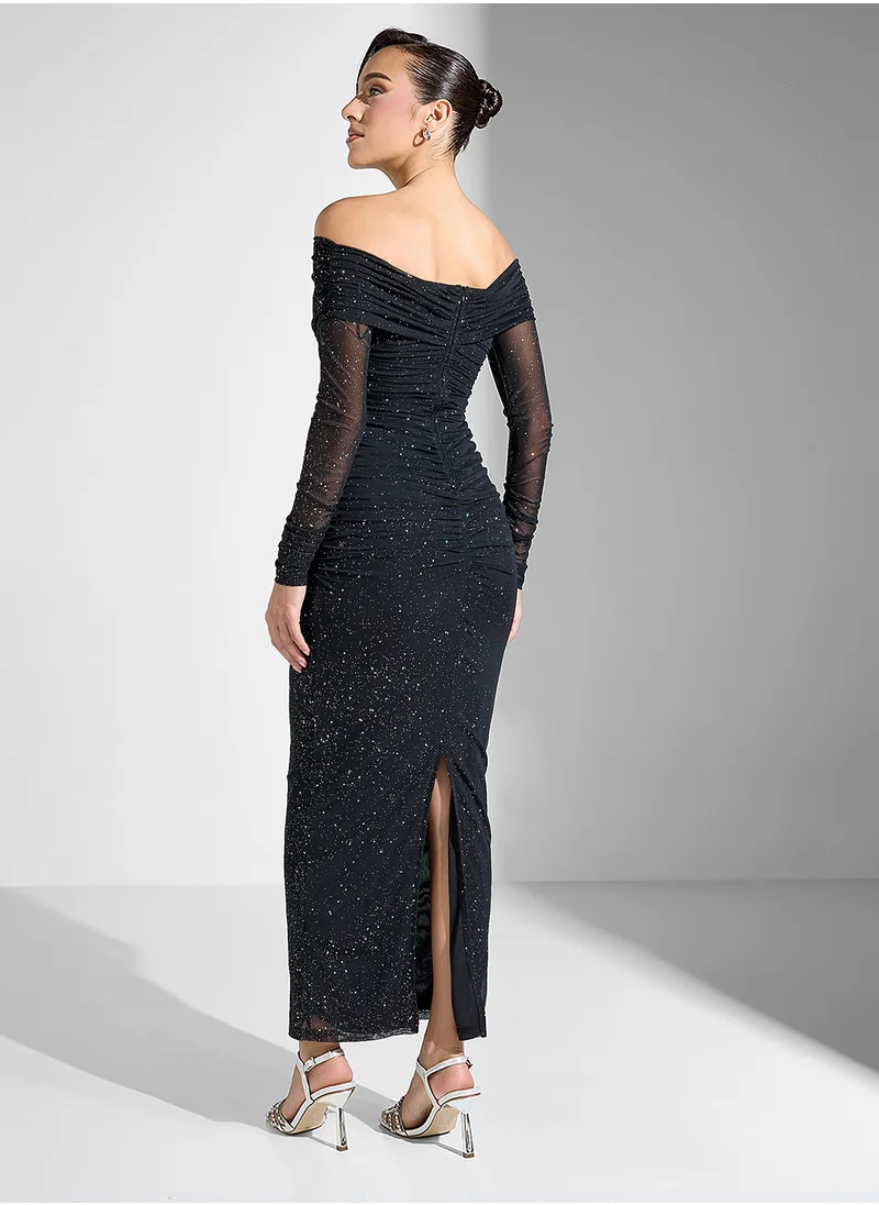 Ginger Boutique Off Shoulder Shimmer Bodycon Evening Dress