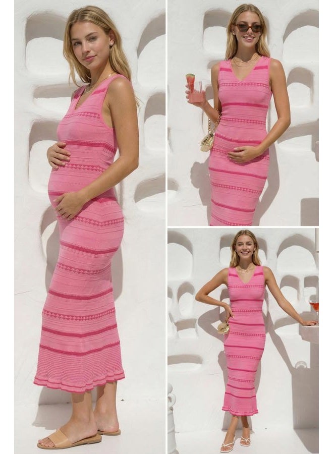 OUGES Women's 2026 Spring Casual V Neck Maternity Dress Sleeveless Striped Stretchy Midi Dress Bodycon Pregnancy Dress, Pink Plum Red Stripes, M - Image 5