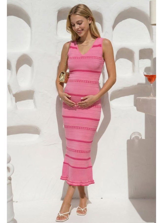 OUGES Women's 2026 Spring Casual V Neck Maternity Dress Sleeveless Striped Stretchy Midi Dress Bodycon Pregnancy Dress, Pink Plum Red Stripes, M - Image 2