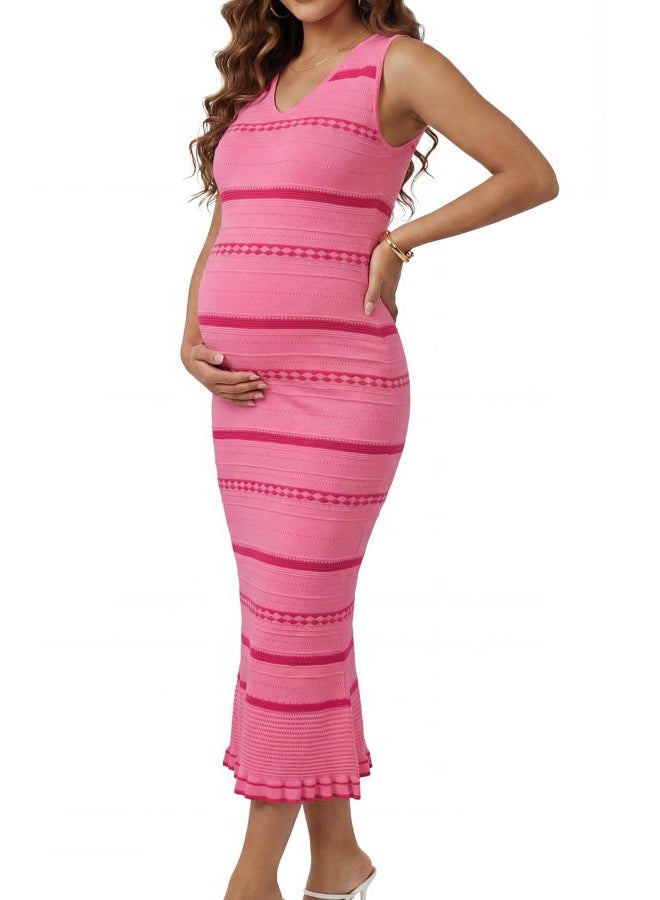 OUGES Women's 2026 Spring Casual V Neck Maternity Dress Sleeveless Striped Stretchy Midi Dress Bodycon Pregnancy Dress, Pink Plum Red Stripes, M - Image 1