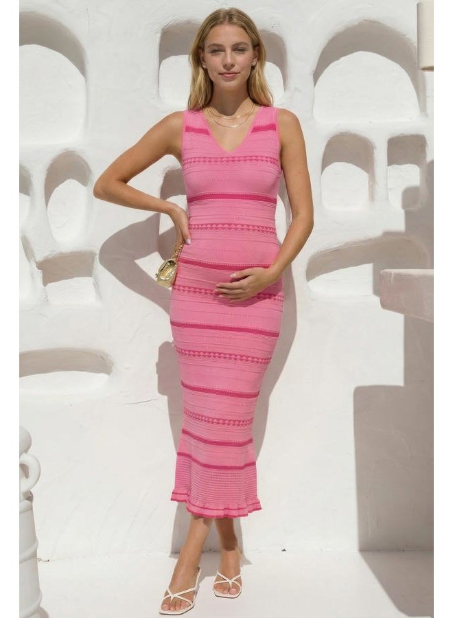 OUGES Women's 2026 Spring Casual V Neck Maternity Dress Sleeveless Striped Stretchy Midi Dress Bodycon Pregnancy Dress, Pink Plum Red Stripes, M - Image 3