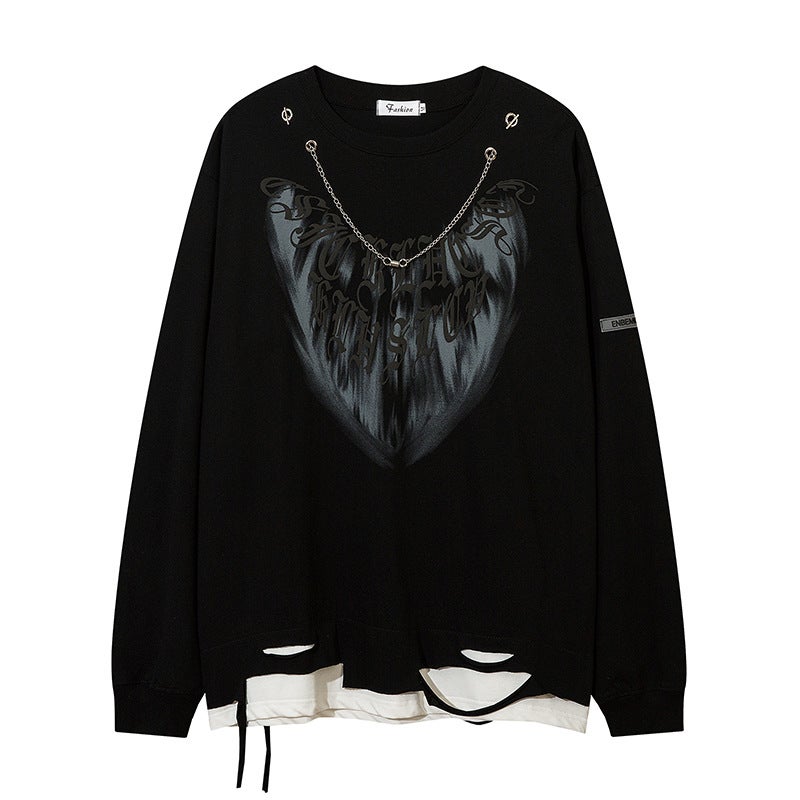 | 2022 men's and women's lovers autumn Europe and the United States dark loose long sleeve fake two T-shirt foreign trade T-shirt wholesale dark wind - Image 1