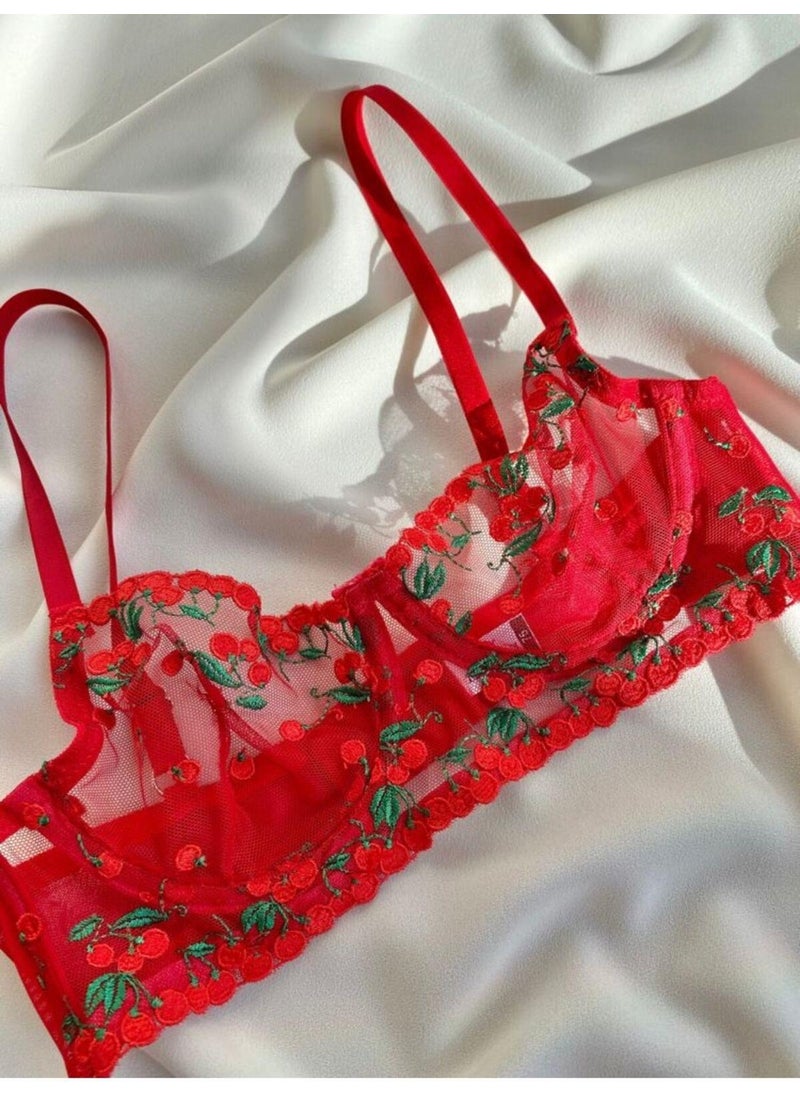 La Linaa Cherry Red Thong Panty Bra Set  - Image 2