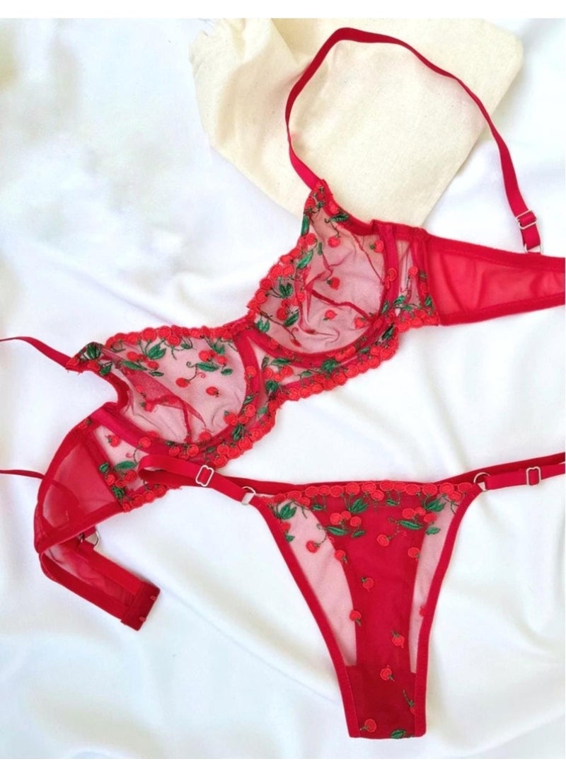 La Linaa Cherry Red Thong Panty Bra Set  - Image 4