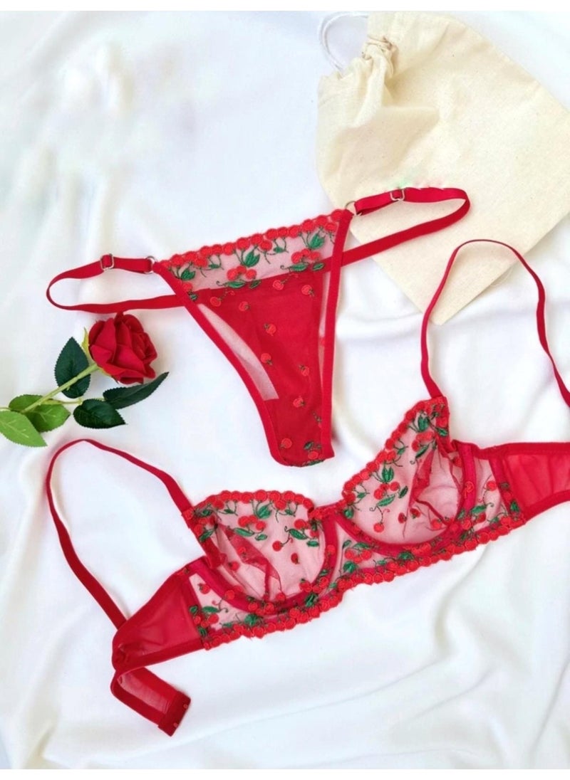 La Linaa Cherry Red Thong Panty Bra Set  - Image 5