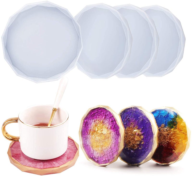 SNOOGG 5 Pack Resin Coaster Molds, Diamond Edge Crystal Coaster Molds for Resin Casting, Round Geode Coaster Silicone Molds for Epoxy Resin - Image 2
