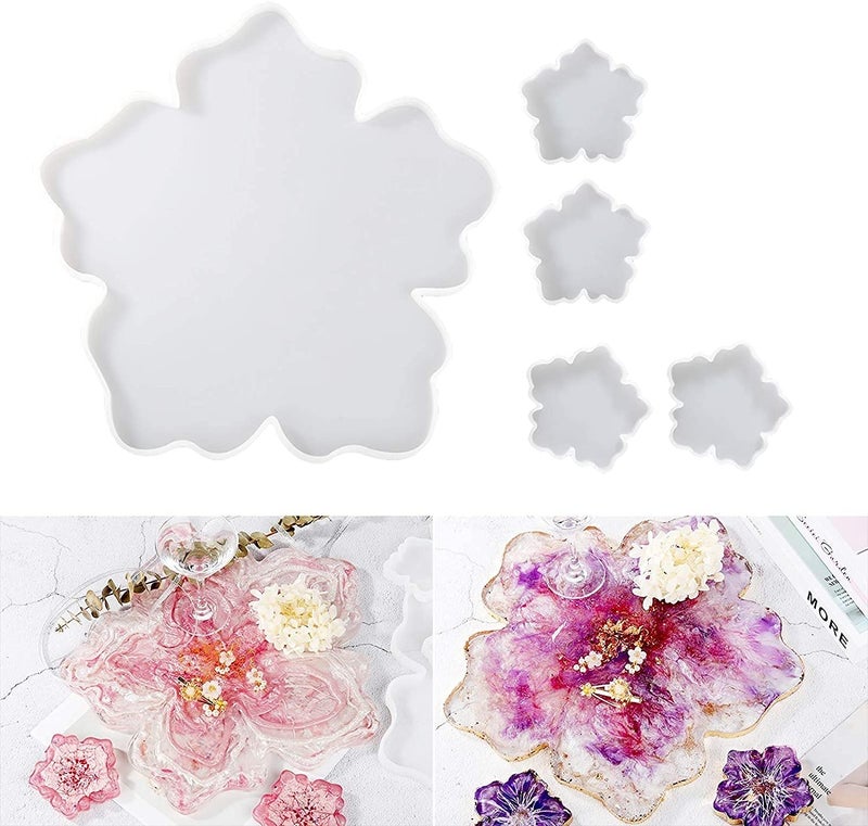 R H LIFESTYLE Silicone Large Flower Shape Tray Molds, with 4 pcs Silicone Flower Shape Coaster Molds (Flower Tray with 4PCS Coaster Mould, 14 INCH) - Image 2