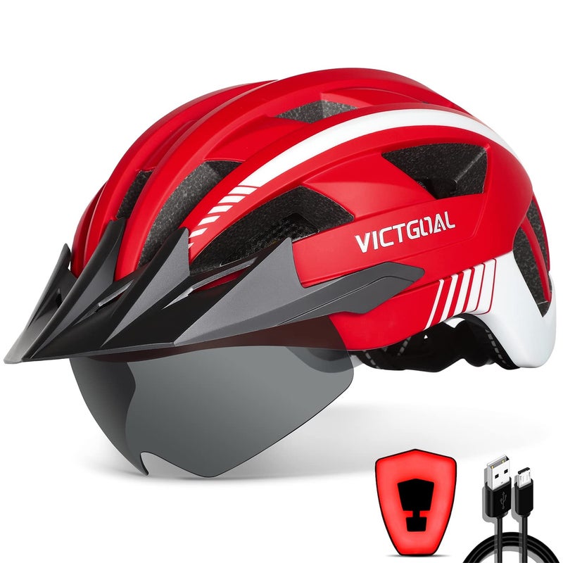 VICTGOAL خوذة دراجة VICTGOAL مع ضوء خلفي قابل لإعادة الشحن عبر USB ونظارات مغناطيسية قابلة للفك وحاجب شمس قابل للإزالة خوذات دراجات جبلية وطريق للرجال والنساء والبالغين (L: 57-61 سم، أحمر) - Image 1