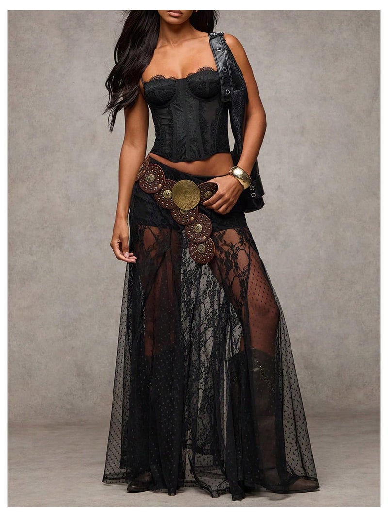 MakeMeChic Women's Lace Sheer Maxi Skirts Floral Polka Dots A Line Ruffle Boho Goth Long Skirts Black Large - Image 5