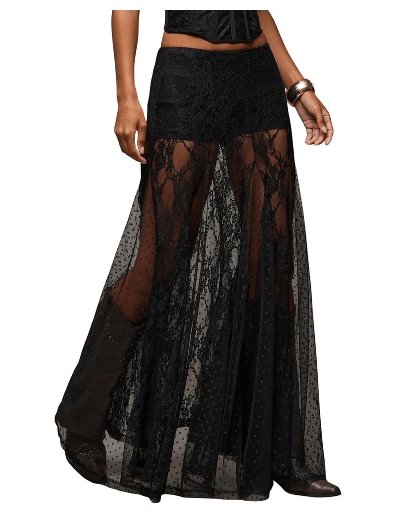 MakeMeChic Women's Lace Sheer Maxi Skirts Floral Polka Dots A Line Ruffle Boho Goth Long Skirts Black Large - Image 1
