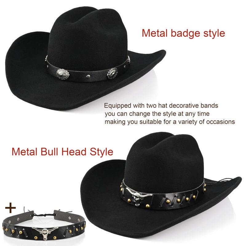 Foeran 100% Wool Western Cowboy Hat for Men's Women's Classic Fedora Hat Felt Cowgirls Hats with Two Decorative Bands (US, Alpha, Large, X-Large, Black-C) - Image 3