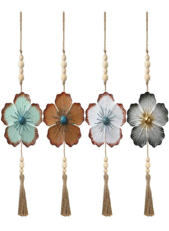 Tandefio 4 Pcs Metal Flower Wall Decor 7.9 x 22 Inch Large Metal Wall Art Decor Rustic Blue Floral Hanging Art for Living Room Home Bathroom Bedroom Indoor Outdoor (Retro) - Image 2
